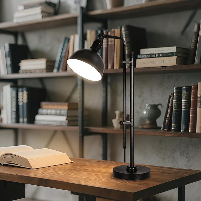 PARTPHONER Industrial Adjustable Desk Lamp for Home Office, Farmhouse Table lamp 29''-38'', Rustic Metal Task Desk Lamp in Aged Bronze Finish, Vintage Reading Lamp for Study Room，Black