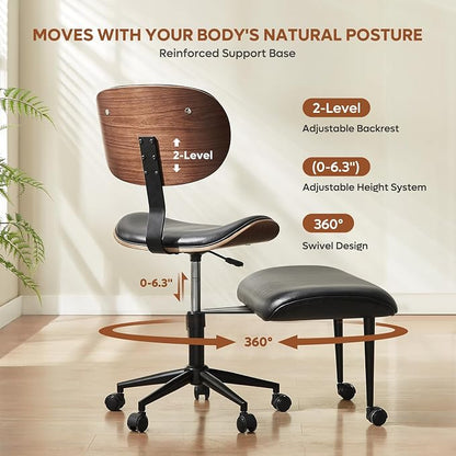 Bestier Cross Legged Office Chair with Wheels, Ergonomic Wide Meditation Chair for Adults up to 300 lbs, 360° Swivel Seat for ADHD, Strong Lumbar Support for Kneeling Meditation Black PU Leather