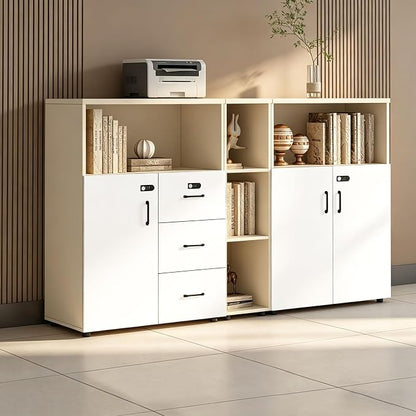 File Cabinet with Password Lock, Wood Lateral Filing Cabinet for Letter/A4 Files, 3 Drawer with Door, Printer Stand with Open Shelves for Home Office