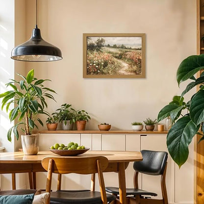 CXQILVER Framed Vintage Cottagecore Landscape Wall Art, Wildflower Meadow Path Canvas Wall Decor Rustic Farmhouse Floral Nature Artwork for Living Room Bedroom Bathroom Home Decor 12x16 inch Framed