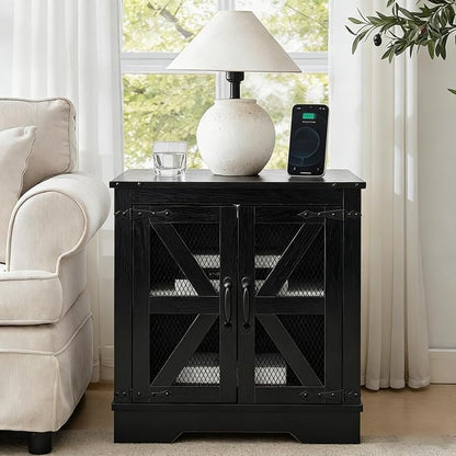 Farmhouse End Table Set with Charging Station, Black Living Room Tables with Hidden Storage, Rustic Wood Furniture for Home and Office