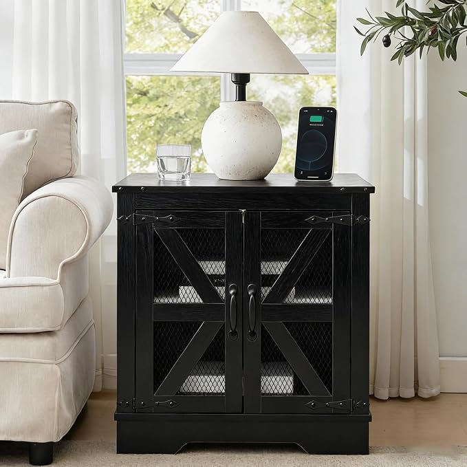 Farmhouse End Table Set of 2 with Charging Station, Living Room Tables with Hidden Storage, Wood Square Sofa Bedside Tables, Night Stand with Power Outlet and Door, Black