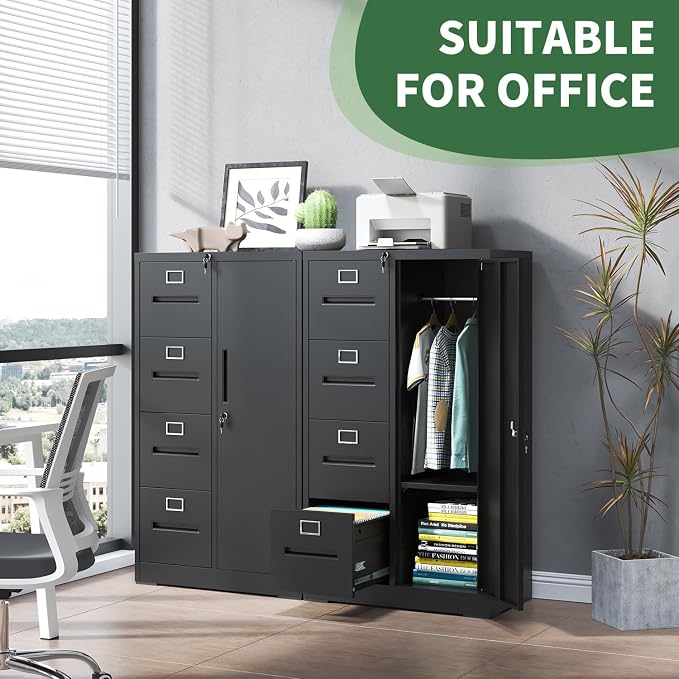 File Cabinet 4 Drawer, Vertical File Cabinet with Lock and 1 Door, File Cabinet with Storage Shelves for A4 Legal/Letter, Assembly Required (Black)