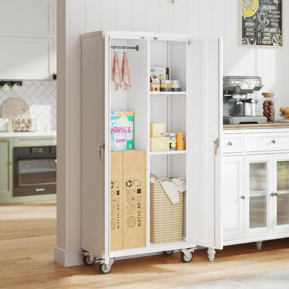 DUMOS 72" Metal Garage Storage Cabinet with Wheels, Tall Rolling Steel Tool Organizer with Adjustable Shelves and Locking Doors, Lockable File Cabinet for Garage, Home, Office, Warehouse, White
