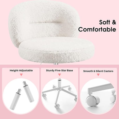 Homkdom Cute Vanity Chair with Wheels Comfy Desk Chair with Back Height Adjustable & 360° Swivel for Makeup, Study, or Light Office Work, White
