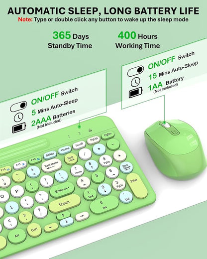 Colorful Wireless Keyboard and Mouse Combo - Round Keycaps, 2.4GHz Retro Typewriter Keyboard with Number Pad, Cute Compact USB Keyboard and Mouse for Computer PC Desktop Laptop (Green)
