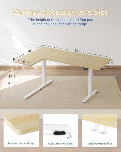 YIHAYO Reversiable L-Shaped Electric Standing Desk, 59 Inches Stand Up Corner Desk, Sit and Stand Up for Work Office Home, Ergonomic Rising Computer Table with Splice Board, Natural