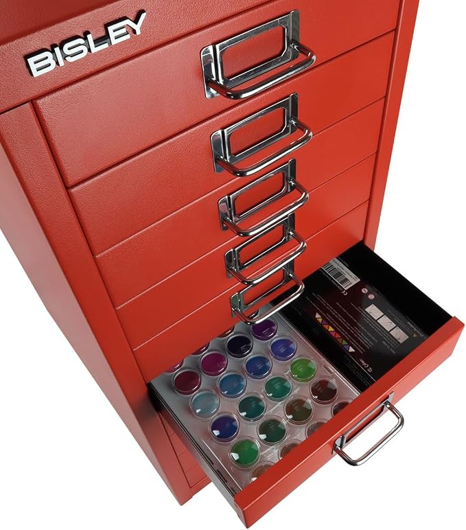 Bisley 10-Drawer Steel MultiDrawer Cabinet - Cardinal Red | Chrome Pull Handles with Label Holders, Powder-Coated Steel, Removable Drawers, Fits Under Most Desks, Labels Included