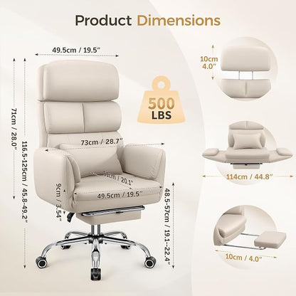 Big and Tall Office Chair 500LBS, Ergonomic High Back Leather Executive Chair, Reclining Swivel with Adjustable Armrests Lumbar Support Footrest, Cross Legged, Beige