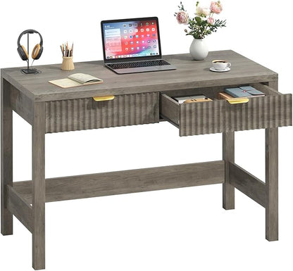YOMILUVE Fluted Computer Desk with 2 Drawers, 39 Inch Small Computer Desk with Storage, Compact Writing Study Desk for Small Spaces, Gray