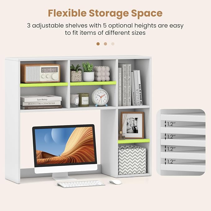 LDAILY Desktop Bookshelf, 37’’ Wood Desk Shelf with 7 Cubes & 3 Adjustable Shelves, 3-Tier Desk Display Rack, Desk Hutch for Dorm College Office Computer Monitor Up to 27’’ (White, 7 Shelves)