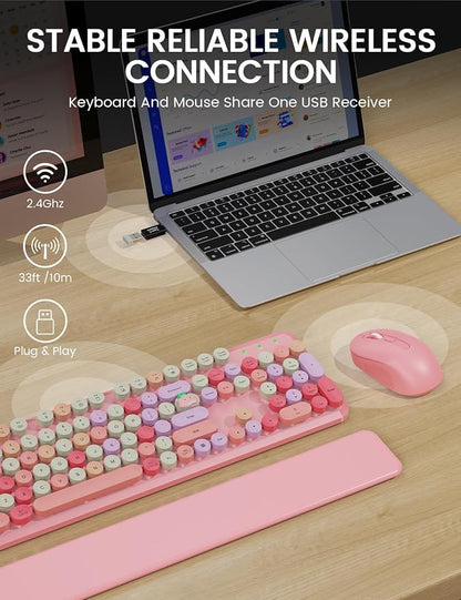 Wireless Keyboard and Mouse Combo, Typewriter Keyboard with Detachable Wrist Rest, Full-Size Retro Round Keycaps, Smart-Sleep, 2.4GHz Stable Connection for Mac/Windows/PC, Trueque(Rose Quartz Pink)