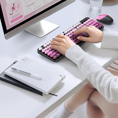 Wireless Keyboard and Mouse Combo, 2.4GHz Gradient Colorful Full-Size Retro Typewriter Keyboard with Wireless Mouse for PC/Desktop/Laptop/Windows (Black Pink)