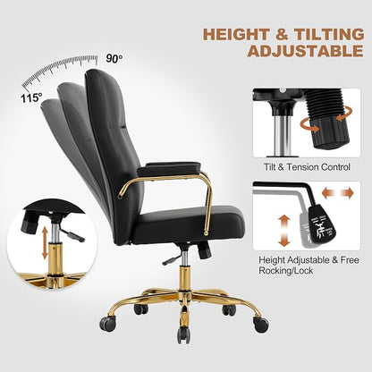 Black and Gold Office Desk Chair,Leather Conference Room Chairs with Wheels,Modern High Back Executive Office Chair with Memory Foam,Ergonomic Swivel Computer Chair for Home Office