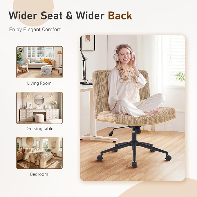 Furnimart Heavy-Duty Curved FSC Wood Desk Chair 360° Swivel, Premium Chenille Criss Cross Chair with Wheels Wide Seat, Comfy Armless Cross Legged Sitting for Bedroom, Office, Vanity (Light Brown)
