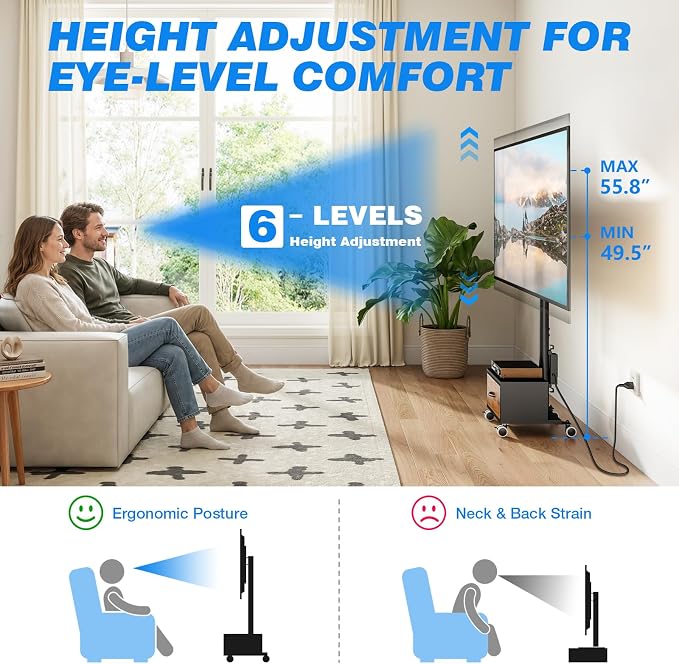 Rfiver Rolling TV Stand with Power Outlet and Drawer for 32-60 Inch TVs, Swivel Mobile TV Cart with Wheels, 6-Level Height Adjustable Floor TV Mount up to 88lbs, Max VESA 400x400mm