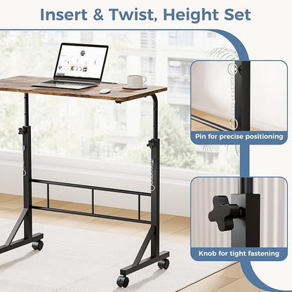 DUMOS 31.5" Walking Pad Desk, Portable Adjustable Height Rolling Laptop Desk with Lockable Wheels, Mobile Stand Up Computer Workstation for Treadmill Home Office Rustic Brown