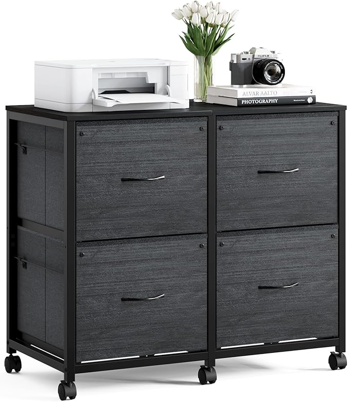 VINGLI Drawer File Cabinet Rolling Mobile Under Desk with Wheels, Fabric Drawers Printer Stand for Home Office, Fits Letter Size (Black, 4 Drawers)