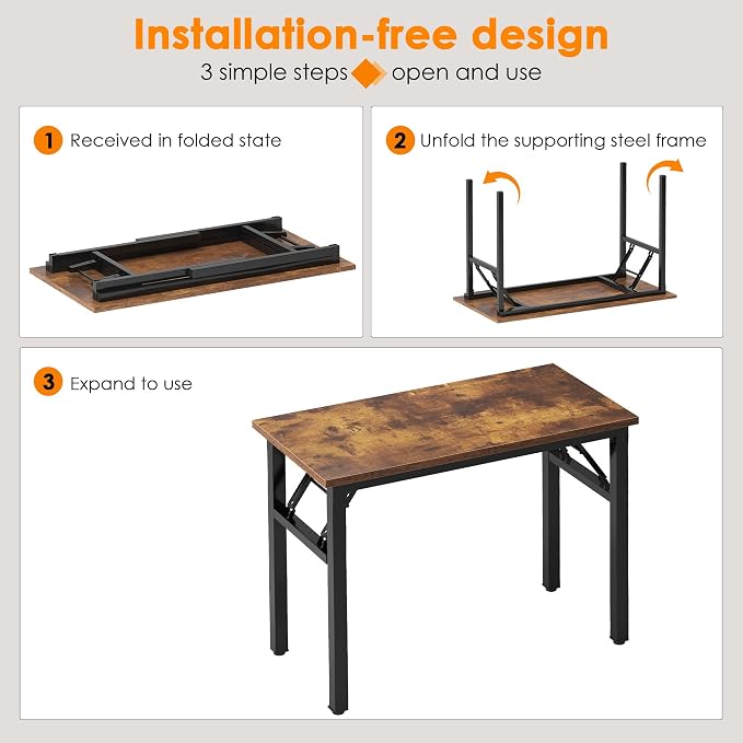 Need 39.4 Inch Folding Desk for Small Spaces, Home Office Computer Desk with Rustic Brown Tabletop & Black Metal Frame, Foldable Writing Table for Study, Bedroom, Dorm Room & Student