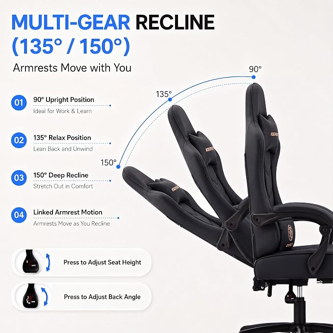 Desk Computer Gaming Chair - High Back Ergonomic Office Chair with Footrest and Lumbar Support, Swivel Comfy Home Gamer Video Game Chairs with Pocket Spring Cushion for Adults (Black Leather)