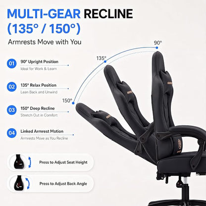 Desk Computer Gaming Chair - High Back Ergonomic Office Chair with Footrest and Lumbar Support, Swivel Comfy Home Gamer Video Game Chairs with Pocket Spring Cushion for Adults (Black Leather)