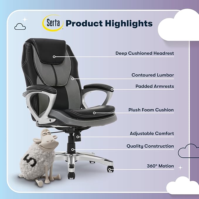 Serta Amplify Executive Office Chair with Faux Leather and Mesh, Adjustable Ergonomic Comfy Seat with Lumbar Support, Modern Computer DeskChairs, Swivel Rolling Wheels, Gray