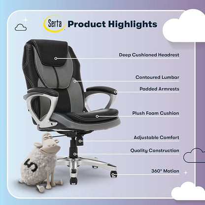 Serta Amplify Executive Office Chair with Faux Leather and Mesh, Adjustable Ergonomic Comfy Seat with Lumbar Support, Modern Computer DeskChairs, Swivel Rolling Wheels, Gray