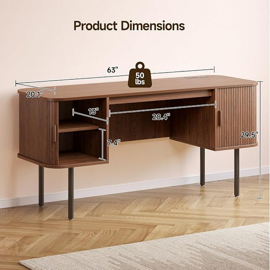 ONBRILL 63 Inch Fluted Computer Desk with Charging Station, Mid Century Executive Desk with 2 Storage Cabinets, Modern Home Office Large Desk with Metal Legs for Working, Studying, Writing, Walnut