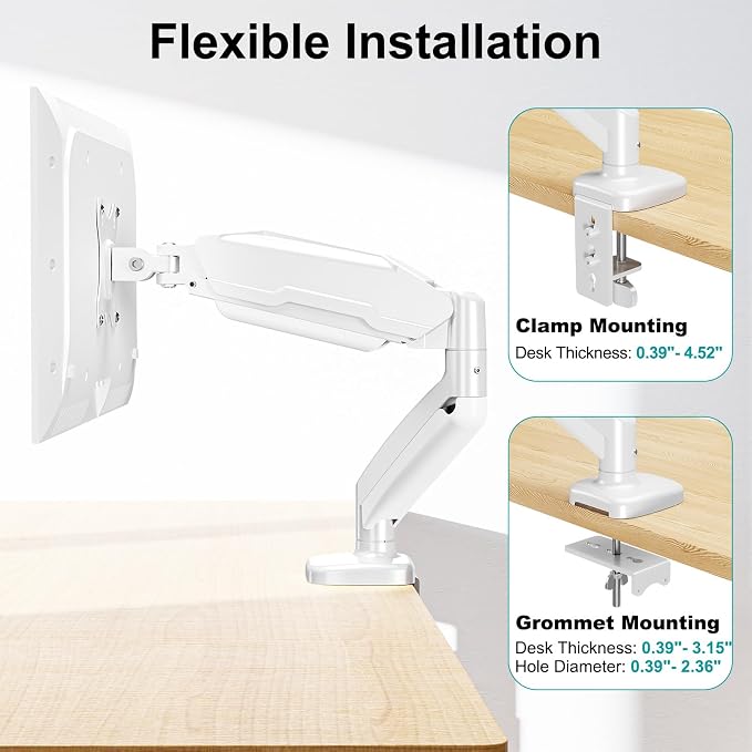 MOUNT PRO Single Monitor Desk Mount - Articulating Gas Spring Arm, Removable VESA Mount for Computer Monitor Stand with Clamp and Grommet Base Fits 13 to 32 Inch Screen, VESA 75x75, 100x100, White