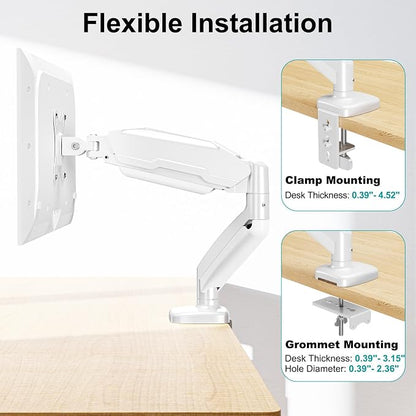 MOUNT PRO Single Monitor Desk Mount - Articulating Gas Spring Arm, Removable VESA Mount for Computer Monitor Stand with Clamp and Grommet Base Fits 13 to 32 Inch Screen, VESA 75x75, 100x100, White