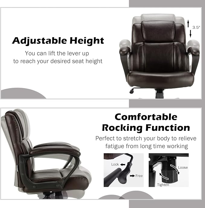 Giantex Leather Executive Chair, Ergonomic Mid Back Computer Desk Chair with 4" Thickened Cushion, Soft Padded Armrests, Height Adjustable Modern Swivel Task Chair for Home Office Study, Brown