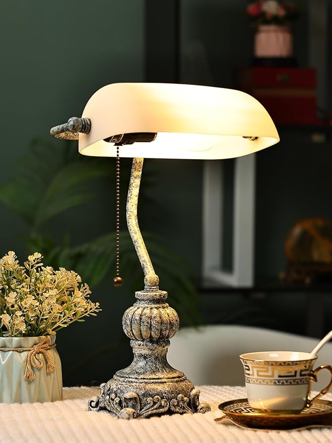 Retro White Matted Glass Bankers Desk Lamp,LED Bulb Included | for Home Office,Library with Pull Chain Switch Plug in Fixture