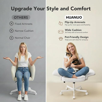 HUANUO Criss Cross Office Chair for Women, Cross Legged Desk Chair with Adjustable Armrests, Soft Corduroy Fabric for Small Spaces, Petite Home Office Computer Chair for Girls, White