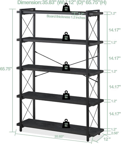 HCHQHS Bookshelf, 5-Tier Industrial Bookcase, Black Open Book Shelf, Freestanding Tall Bookshelves with Metal Frame