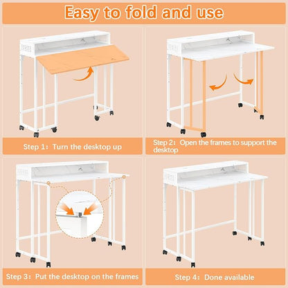 Gezen Folding Desk With Storage Shelf, Small Rolling With Wheels, Mobile Couch Sofa Side Table Bed for Home Office Small Space, White Marble, 39.4"
