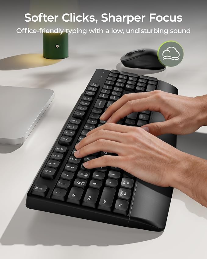 seenda Wireless Bluetooth Keyboard Mouse Combo, COE200 Ergonomic Keyboard with Wrist Rest, Silent Mouse, Multi-Device Connection, Full-Size Compatible for Windows PC Laptop Mac MacBook, Black