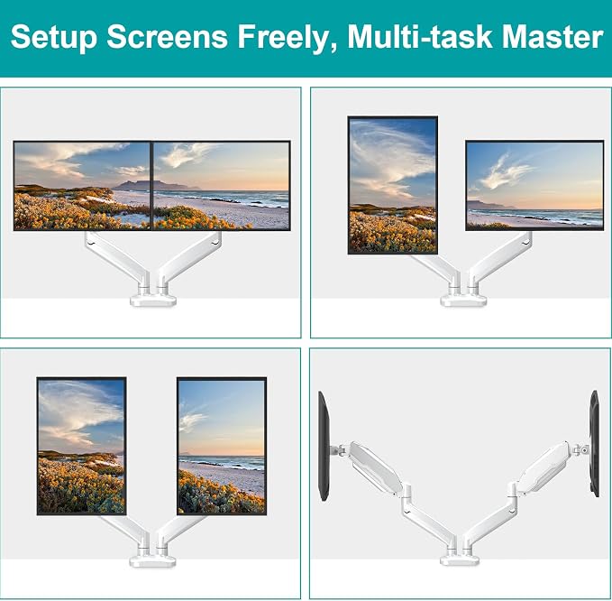 MOUNT PRO Dual Monitor Mount Fits 13 to 32 Inch Screen, Height Adjustable Monitor Stand for 2 Monitors, Full Motion Display Arm Holds up to 17. 6lbs Each, Computer Desk VESA Mount, White