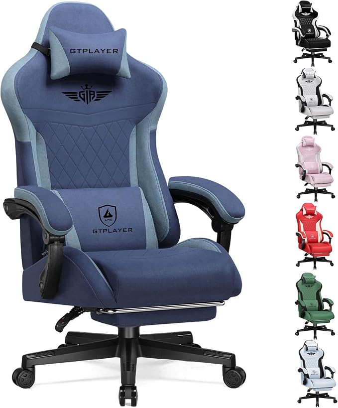 GTPLAYER Gaming Chair with Footrest, Big and Tall Game Chair High Back Computer Office Chair with Lumbar Support for Adults, Ergonomic Swivel Games Chair with Cushion Gaming, Fabric Blue