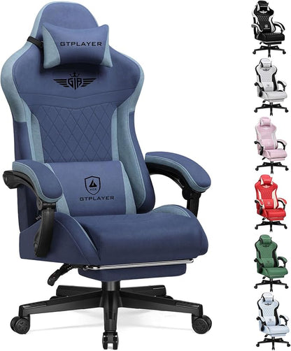 GTPLAYER Gaming Chair with Footrest, Big and Tall Game Chair High Back Computer Office Chair with Lumbar Support for Adults, Ergonomic Swivel Games Chair with Cushion Gaming, Fabric Blue