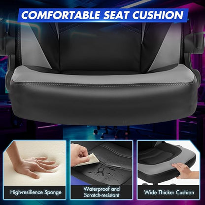 Sweetcrispy Computer Video Game Desk Chair: Ergonomic Comfy Lumbar Support, PU Leather with Flip-up Armrest, Height Adjustable and 360° Swivel, for Adults, Black Grey