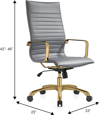 LeisureMod Harris High-Back Task Office Chair - Modern Leather Upholstery with Gold Frame, Ribbed Design 360 Degree Adjustable Swivel for Home, Office, and Study Room