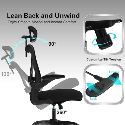 Home Office Desk Chairs, Ergonomic Office Chair with Lumbar Support & 3D Headrest, Computer Desk Chair with Flip-up Armrests, Perfect for Office or Study, Black/Carbon Fiber