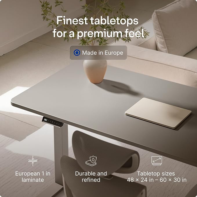 Desktronic HomeOne Standing Desk 48x24 — Ergonomic Sit Stand Home Office Desk, Made in Europe, Electric Dual Motor Height Adjustable, USB & USB-C Charging, Wobble-Free, Touchscreen, 3 Memory Presets