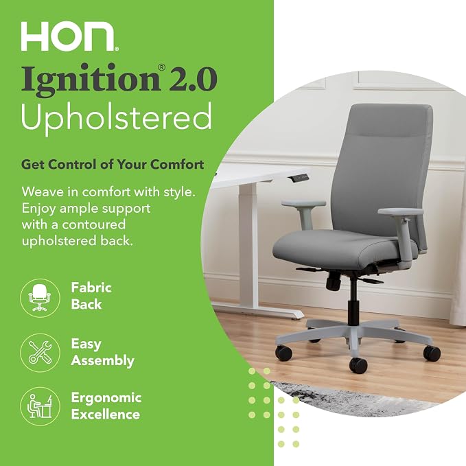 HON Ignition 2.0 Ergonomic Office Chair with Adjustable Arms, Standard Synchro‑Tilt Recline, Upholstered Desk and Computer Chair for Home Office or Workstation, Titanium Frame, Frost