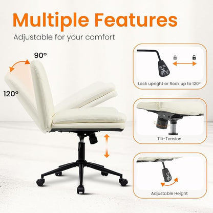 NEO CHAIR Criss Cross Chair with Wheels Armless Cross Legged Office Desk Wide Comfy Vanity Makeup Chair Adjustable Swivel Rolling Computer for Home Office PU Leather (Beige)