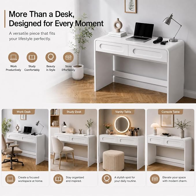 Writing Desk with 2 Drawers, Home Office Computer Desk for Small Spaces | White Study Desk for Bedroom, Compact Workstation Table, Vanity Desk for Apartment and Dorm Room