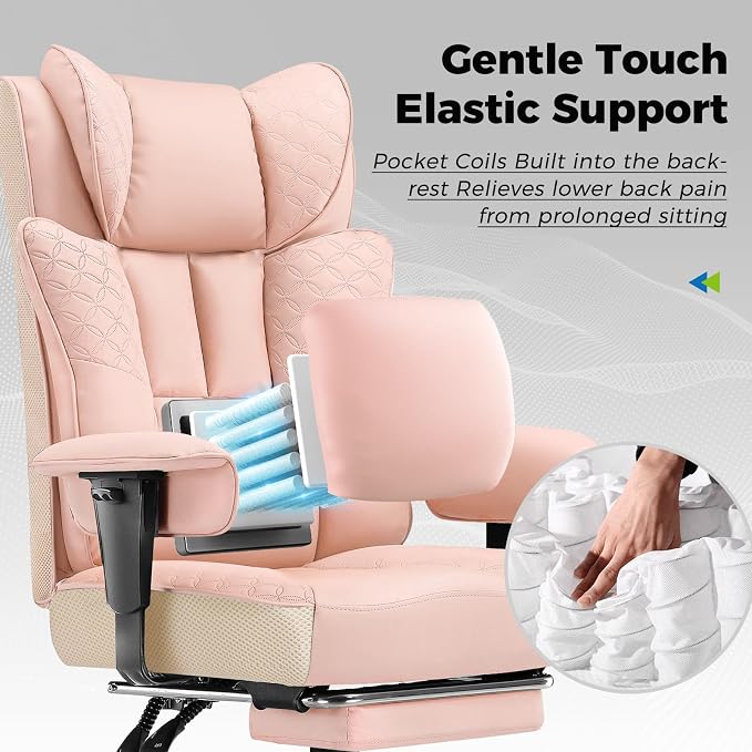 GTPLAYER Big and Tall Office Chair, Wide Ergonomic Gaming Chair with Deluxe Embossing Designed Leather with Foot Rest,150°Reclining Adjustable Soft Armrests Pocket Spring Back Support and Pillow