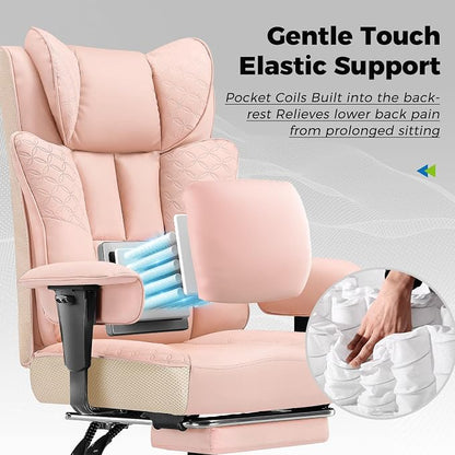 GTPLAYER Big and Tall Office Chair, Wide Ergonomic Gaming Chair with Deluxe Embossing Designed Leather with Foot Rest,150°Reclining Adjustable Soft Armrests Pocket Spring Back Support and Pillow