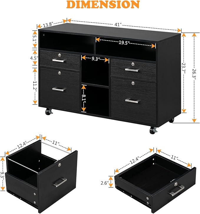 VINGLI Wood Mobile File Cabinet with 4 Drawers and Shelves, Printer Stand with Open Storage, Locking Lateral Filing Cabinet for Home Office, Black