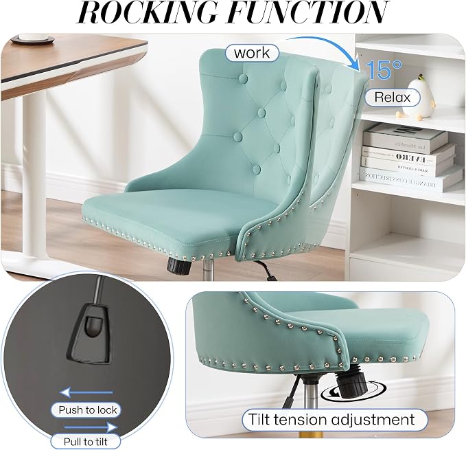 Velvet Armless Home Office Desk Chair, Swivel Height-Adjustable Small Cute Vanity Chair for Women/Girls, Comfy Makeup Chair with Rivet and Gold Base for Living Room, Bedroom(Green)